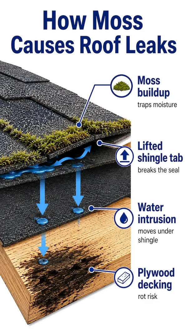 Diagram showing how roof moss lifts asphalt shingles and allows water to reach the underlayment and plywood decking